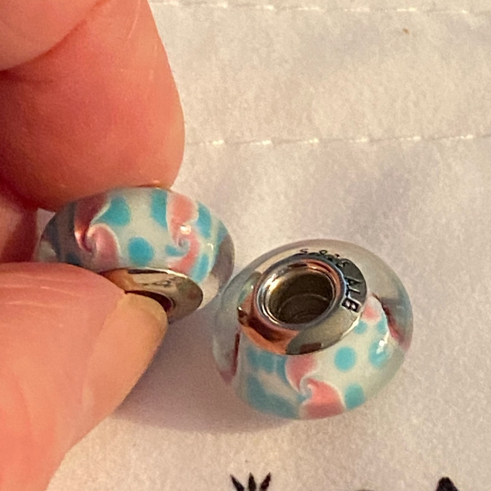 COPY - Preowned Pandora White with Pink and Blue Blue Murano Glass Bead.